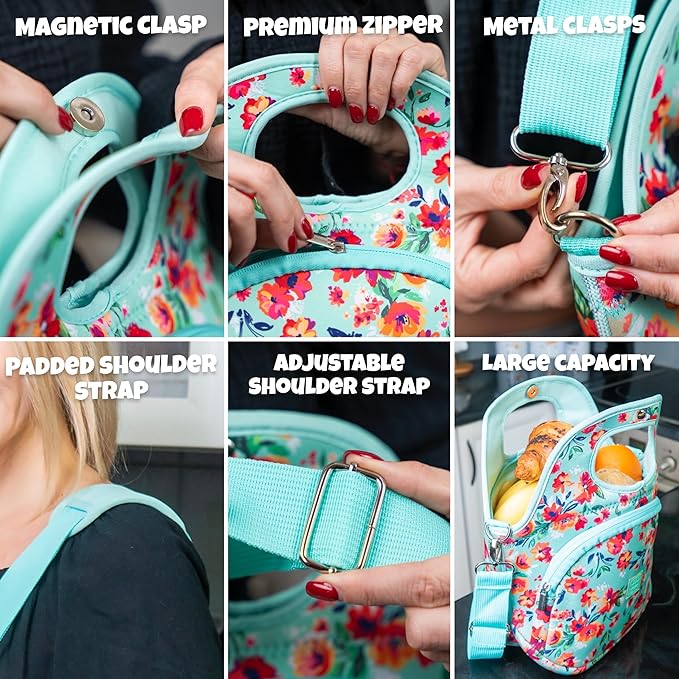 Made Easy Kit Large Insulated Lunch Tote Bag – Stylish Neoprene Carrier Foil Lining, Front Zipper Pocket & Shoulder Strap – Machine Washable, Lightweight, Travel Ready (Teal Floral)