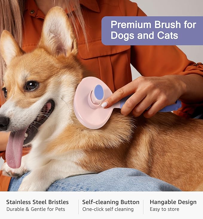 IPTPAS Pet Self-Cleaning Slicker Brush for Dogs & Cats, Deshedding Grooming Comb, Removes Loose Undercoat Hair & Mats, Skin-Friendly Massaging Tool for Long/Short Fur, Large & Small Breeds (Purple)