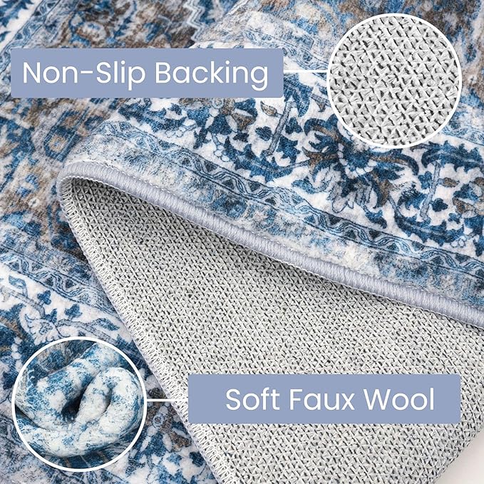 KOZYFLY Runners for Hallways 2x5 Ft Washable Kitchen Runner Rug Boho Runner Rug for Entryway Indoor Blue Printed Oriental Faux Wool Floor Carpet Runner for Laundry Room Kitchen Hall