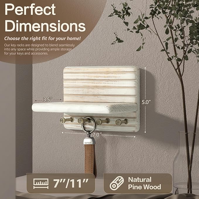 Rebee Vision Pine Wood Key Holder Wall Mount – Mini 7-inch Key Holder for Wall with Wooden Shelf – Perfect Home Decor for Entryway, Living Room & Bedroom (Distressed White)