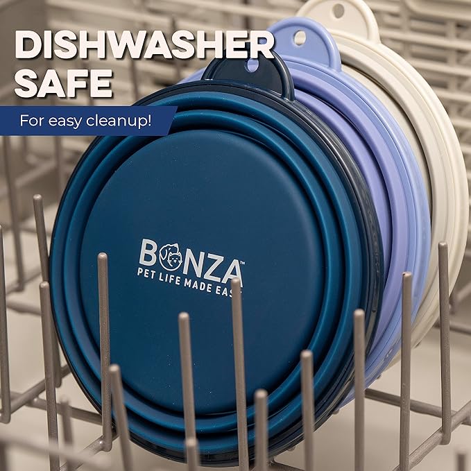Bonza Collapsible Dog Bowls - Large 33 oz, Dog Travel Accessories, Silicone Portable Dogs Bowl & Water Dish with Reinforced Rim & Carabiner for Hiking, Camping, and Car Trips, Moss Green