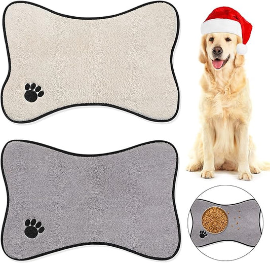 Breling Dog Mat for Food and Water 2 Pieces Bone Shape Non-Slip Pet Feeding Mat for Under Dog Bowls Embroidered Microfiber Pet Bowl Water Absorbent Feeding Supplies, 2 Colors