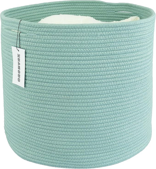 XUANGUO Cotton Rope Basket For Girls Boys Kids 16”X14” Baby Laundry Baskets Nursery Bin Round Woven Basket Organizer For Storage Toys Blankets Shoes Clothes green