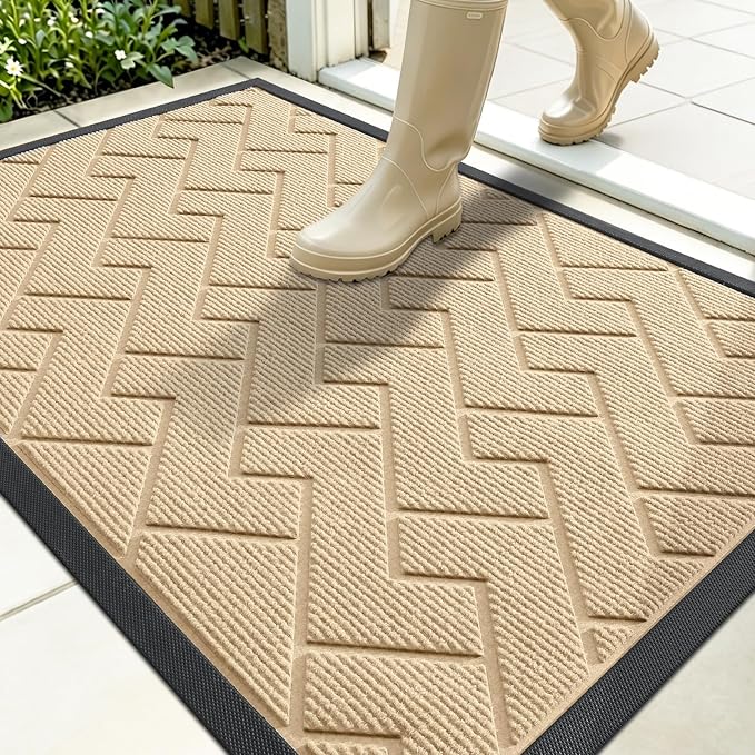 OLANLY Front Door Mat Indoor Outdoor Entrance, Waterproof All-Season, All-Weather Doormat, Sturdy Natural Rubber, Low Profile, Easy Clean Patio Porch Entryway Mat, Herringbone Brick (Beige, 35x23)