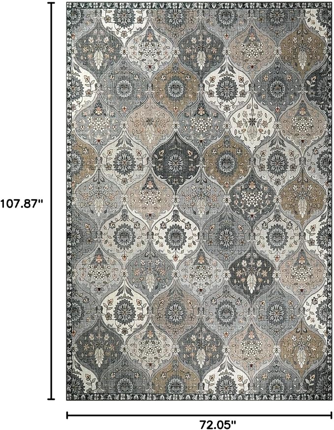 Lahome Moroccan Washable Area Rug 6x9, Ultra-Thin Large Living Room Rugs for Bedroom, Oriental Trellis Distressed Non Shedding Throw Carpet for Dining Room Office Elise, Grey