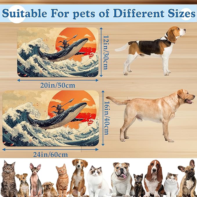Wave Cat Dog Food Mat,Christmas Stocking Ukiyo-e Whale Absorbent Quick Dry Feeding Placemat for Food and Water Bowls, Non Slip Rubber Backing, Waterproof Pet Supplies for Mess-Free Eating 12"x20"
