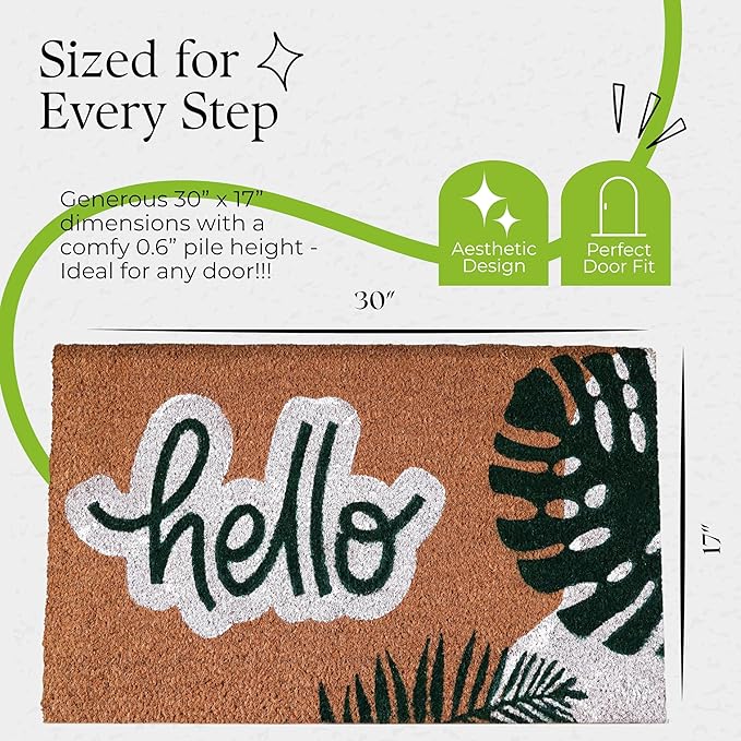 COCONIQ Coir Door Mats 17" X 30", Non-Slip Sturdy, PVC Backed Heavy Duty, Easy to Clean, Ideal for Door Entrance, Patio, Porch, Backyard, Garages, Hello - Green Leaves