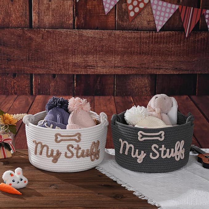 JUPPE Pet Storage Basket with Rope Handles, Cotton Woven Dog Toy Bin, Black with 'My Stuff' Text, Decorative Organization, Dog Toy Organizer (Black grey dog basket)