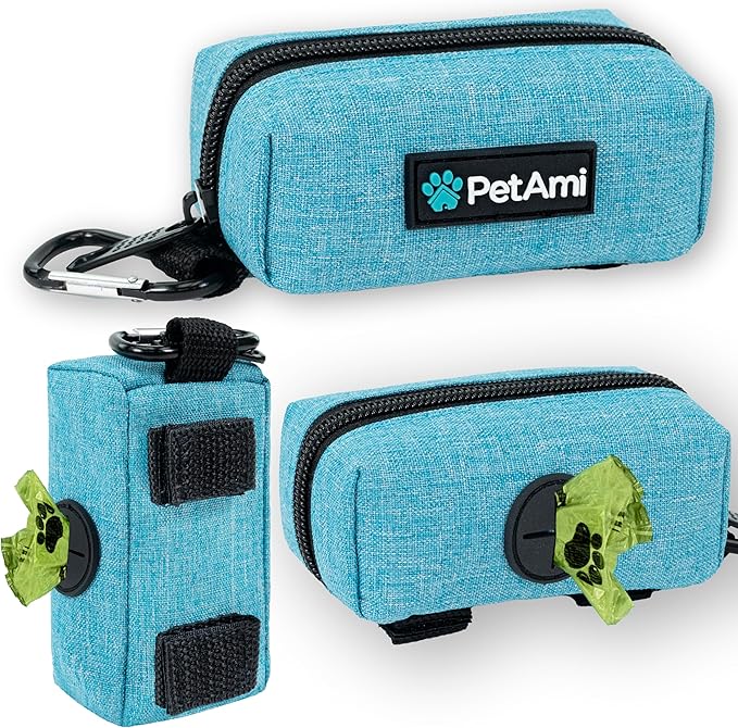 PetAmi Dog Poop Bag Holder for Leash, Dog Treat Pouch Leash, Pet Waste Bag Dispenser with Clip, Doggy Puppy Walking Accessories Supplies with 1 Dog Bag Roll (Blue, 1 Pack)