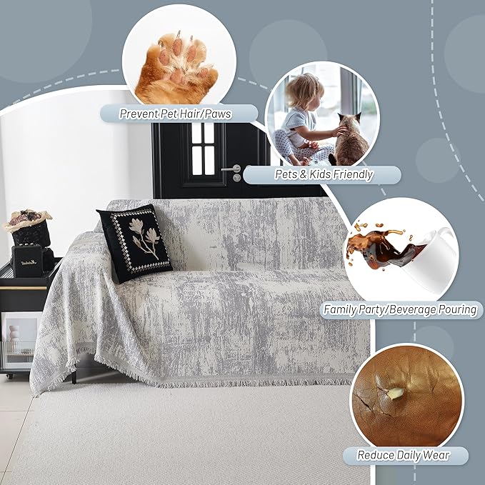 MYSKY HOME Boho Couch Cover for Dogs Washable Grey Abstract Couch Sofa Protector for Loveseat Sofa with Pets Friendly Chenille Geometric Sofa Covers Soft Durable Farmhouse Sofa Slipcovers, 71" X102"