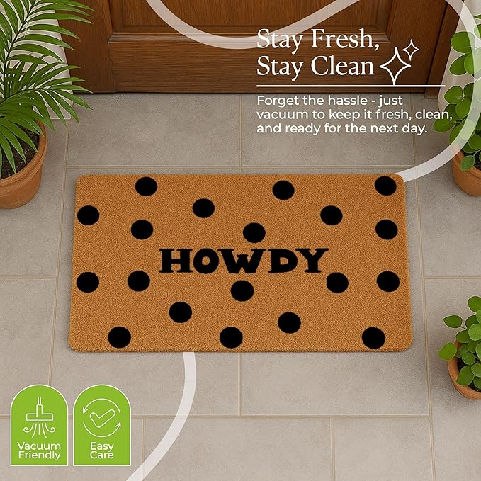 COCONIQ Coir Door Mats 17" X 30", Non-Slip Sturdy, PVC Backed Heavy Duty, Easy to Clean, Ideal for Door Entrance, Patio, Porch, Backyard, Garages, Howdy Black Circles