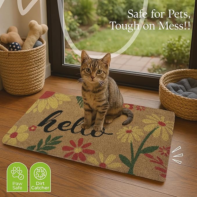 COCONIQ Coir Door Mats 17" X 30", Non-Slip Sturdy, PVC Backed Heavy Duty, Easy to Clean, Ideal for Door Entrance, Patio, Porch, Backyard, Garages, Vibrance of Flora - Hello