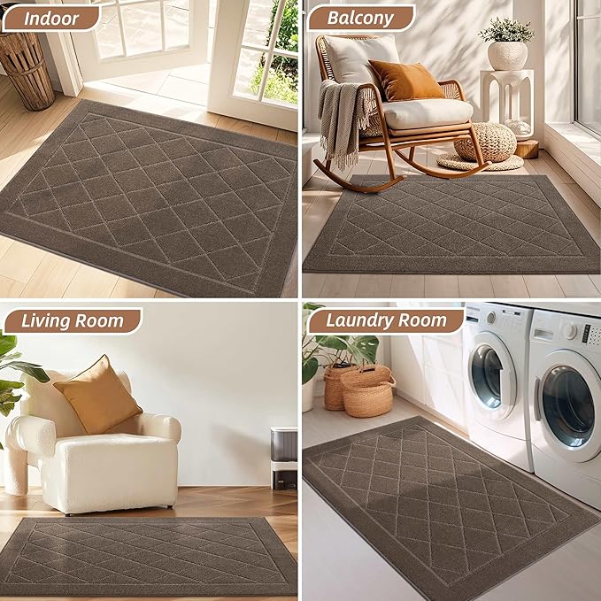 BEQHAUSE Dirt Trapper Door Mat 24" x 36", Doormat Non-Slip Entryway Rugs Washable, Dog Door Mat Stain Resistant and Absorbent Welcome Floor Mat for Front Back Door, Mud Wet Shoes & Paws, Light Brown