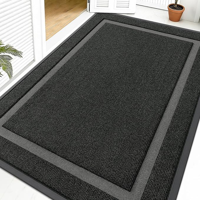 OLANLY Front Door Mat Indoor Outdoor Entrance, Waterproof All-Season, All-Weather Doormat, Sturdy Natural Rubber, Fade Resistant, Low Profile, Easy Clean Patio Porch Entryway Mat, 59x40, Black