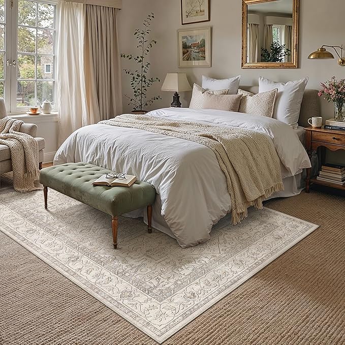 6x9 Washable Vintage Area Rug Beige Oriental Living Room Bedroom Throw Rug Neutral Non Slip Soft Low Pile Carpet for Dining Room Office Nursery Indoor