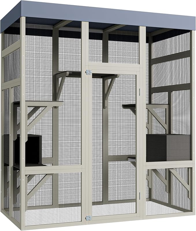 LOVMOR 62.6" Outdoor Wooden Catio for Cats, Large Cat Enclosure with Waterproof Roof, 2 Cat Houses & Platforms, Secure Rust-Proof Wire Pet Cage for Patio or Backyard