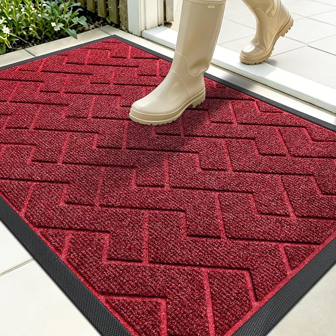 OLANLY Front Door Mat Indoor Outdoor Entrance, Waterproof All-Season, All-Weather Doormat, Sturdy Natural Rubber, Low Profile, Easy Clean Patio Porch Entryway Mat, Herringbone Brick (Wine Red, 35x23)