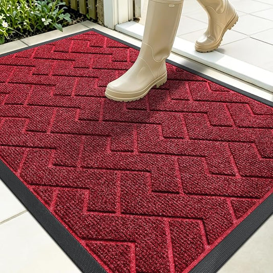 OLANLY Front Door Mat Indoor Outdoor Entrance, Waterproof All-Season, All-Weather Doormat, Sturdy Natural Rubber, Low Profile, Easy Clean Patio Porch Entryway Mat, Herringbone Brick (Wine Red, 35x23)