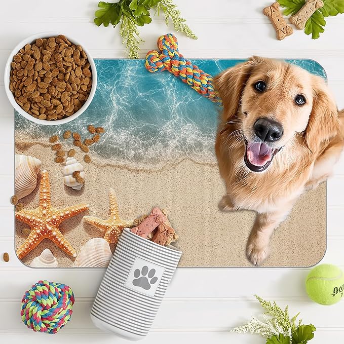 Beach Starfish Dog Food Mat for Floors,Cute Seashell Absorbent Pet Food and Water Bowl Mats,Non-Slip Pet Feeding Mat,Pet Supplies 12" x 20"