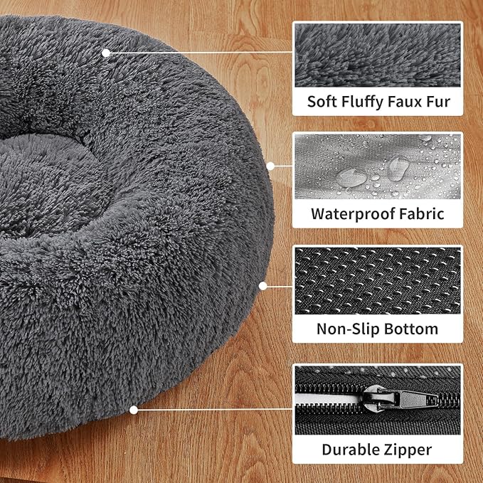 OhGeni Calming Donut Dog Bed Pillow for Medium Pets, Machine Washable Removable Cover, Comfort Plush Fluffy Faux Fur with Anti-Slip Bottom, Cats-Friendly Round Cuddly Design, Gray, 30 inches