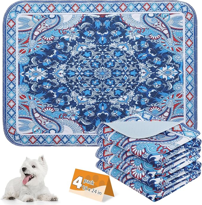 KOOLTAIL Washable Pee Pads for Dogs, 4 Pack Super Absorbent Reusable Puppy Training Pads Waterproof, Nonslip and Leak-Proof Dog Pee Pads, Large Pet Mats Whelping Pads for Floor, Crate, Couch 18"x24"