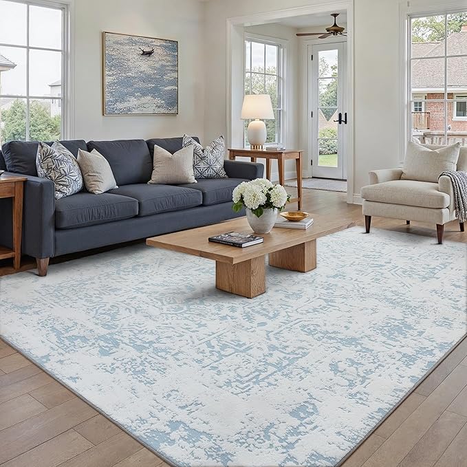 6x9 Fluffy Area Rug Blue Shag Neutral Carpet for Living Room Soft Medium Pile Floral Rug for Bedroom Dorm Office Dining Room Kitchen Nursery Modern Decor
