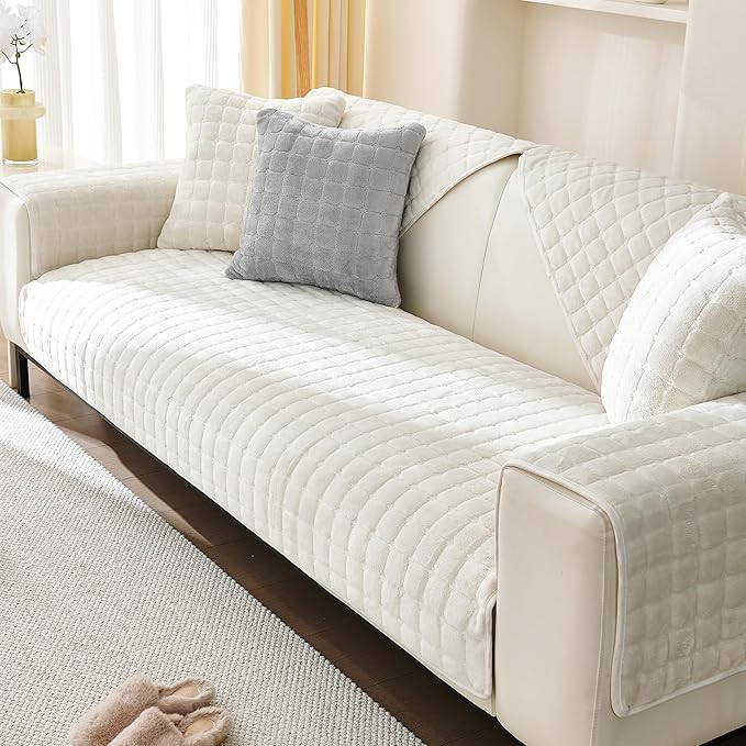 KaviKon Couch Cover Sofa Covers Washable, Velvet Fuzzy Sofa Slipcovers for 4 Cushion Couch, Non-Slip Furniture Protector for Dog Pet, L Shaped Recliner Sectional Couch Cover White,36"X94"(Only 1 Pcs)