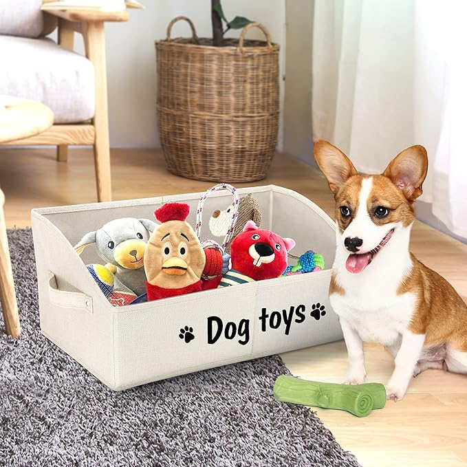 PET ARTIST Sturdy Collapsible Dog Organization and Storage Basket Accessible,Cute Dog Toy Storage with Handles,Dog Toy Box Bin Large for Chew Toys,Clothes,Squeak Toys,Beige