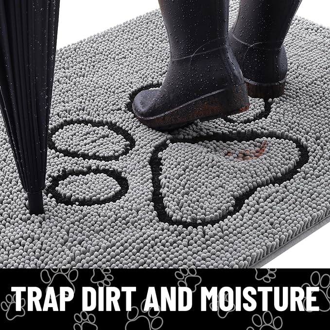 Smiry Dog Door Mat for Muddy Paws, Absorbent Dirt Trapper Non Slip Quick Dry Washable Chenille Mat for Mud Dogs, Entry Rug for Indoor and Outdoor (45x27 Inches, Grey and Black)