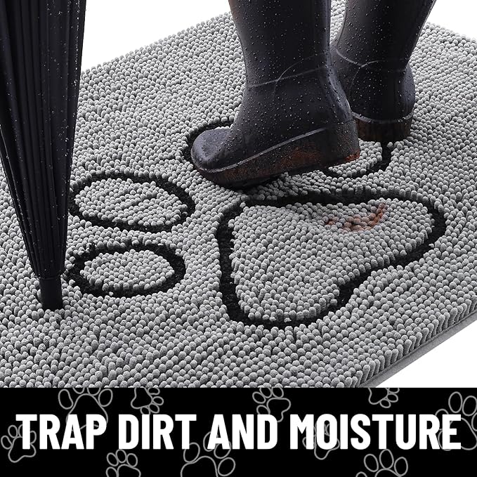 Smiry Dog Door Mat for Muddy Paws, Absorbent Dirt Trapper Non Slip Quick Dry Washable Chenille Mat for Mud Dogs, Entry Rug for Indoor and Outdoor (54x32 Inches, Grey and Black)