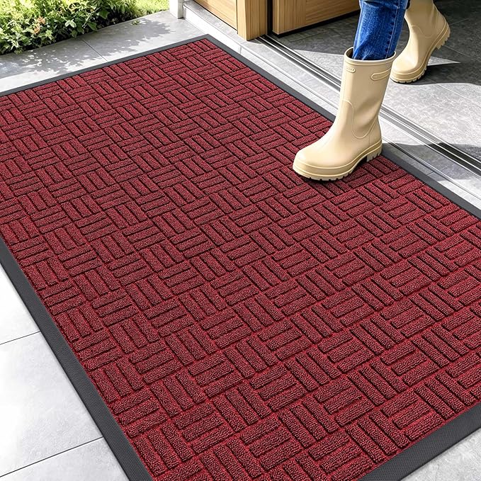 OLANLY Front Door Mat Outside Entrance 47x32, Absorbent, Heavy Duty Sturdy Natural Rubber Doormat Indoor Outdoor, Non-Slip, Stain and Fade Resistant, Low Profile Floor Mat for Entryway, Black Red