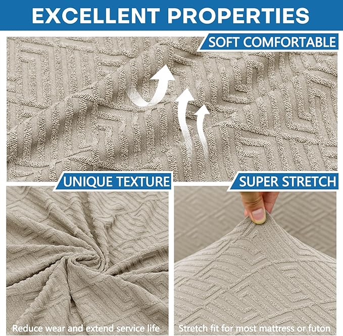 ZNSAYOTX Stretch Fit Futon Cover (67"-82") Armless Futon Sofa Bed Slipcover with Elastic Band, Universal Foldable Sofa Mattress Protector Full Queen Size, Washable Comfort Jacquard (Khaki)