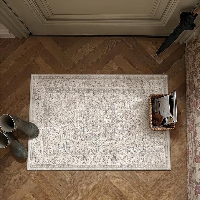 2x3 Washable Vintage Area Rug Beige Oriental Soft Entryway Throw Rug Neutral Non Slip Low Pile Small Carpet for Kitchen Bathroom Living Room Bedroom