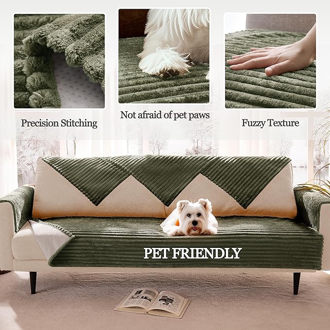 Meider Dual Non-Slip Couch Cover for Dogs Waterproof, Fuzzy Soft Pet Couch Covers for Sofa 3 Cushion, Pet Friendly Soft Dog Bed Covers Sofa Cover Washable (Sage Green, 33" x 95" 1 Pack)