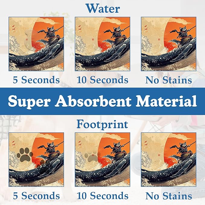 Wave Cat Dog Food Mat,Christmas Stocking Ukiyo-e Whale Absorbent Quick Dry Feeding Placemat for Food and Water Bowls, Non Slip Rubber Backing, Waterproof Pet Supplies for Mess-Free Eating 12"x20"