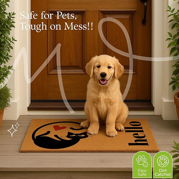 COCONIQ Coir Door Mats 17" X 30", Non-Slip Sturdy, PVC Backed Heavy Duty, Easy to Clean, Ideal for Door Entrance, Patio, Porch, Backyard, Garages, Love of Cats, A Hello