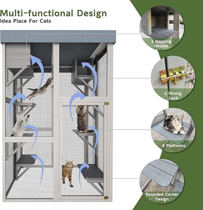 LOVMOR 70" Tall Outdoor Wooden Catio with 5 Platforms & 2 Resting Boxes, Rounded Corner Design, UV-Resistant & Waterproof, Rust-Proof Metal, Secure Locking Mechanism