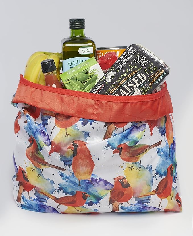 O-WITZ Reusable Grocery Bags | Vibrant Tote Bag For Groceries, Gym, Office, Beach, Toys & More | Washable Design With Large Handles For Maximum Convenience | Folds Into A Small Pouch, 5-pack, Birds