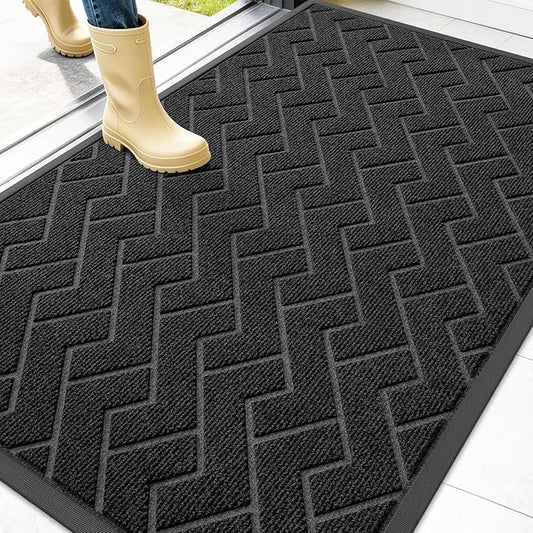 OLANLY Front Door Mat Indoor Outdoor Entrance, Waterproof All-Season, All-Weather Doormat, Sturdy Natural Rubber, Low Profile, Easy Clean Patio Porch Entryway Mat, Herringbone Brick (Black, 47x32)