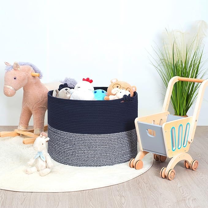 MINTWOOD Design Extra Large 22 x 16in Decorative Woven Cotton Rope Blanket Storage Basket Bin Living Room with Handles and Laundry Hamper for Pillows, Pool Towels, Dog Toys, Shoes, Navy Blue