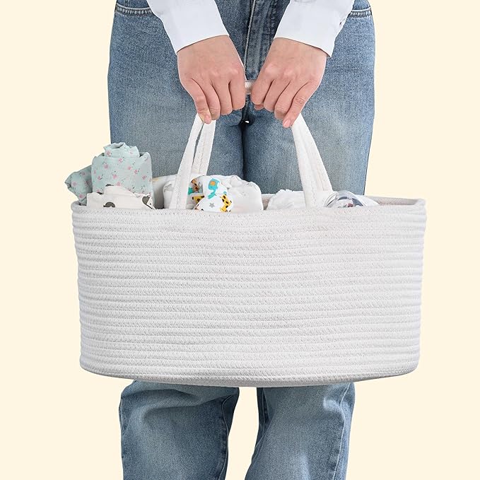 Diaper Caddy Organizer, Empty Gift Basket for Newborn Essentials, Baby Storage Basket, Stylish Gift Bag for Baby Shower, Boys and Girls - Large, Off White