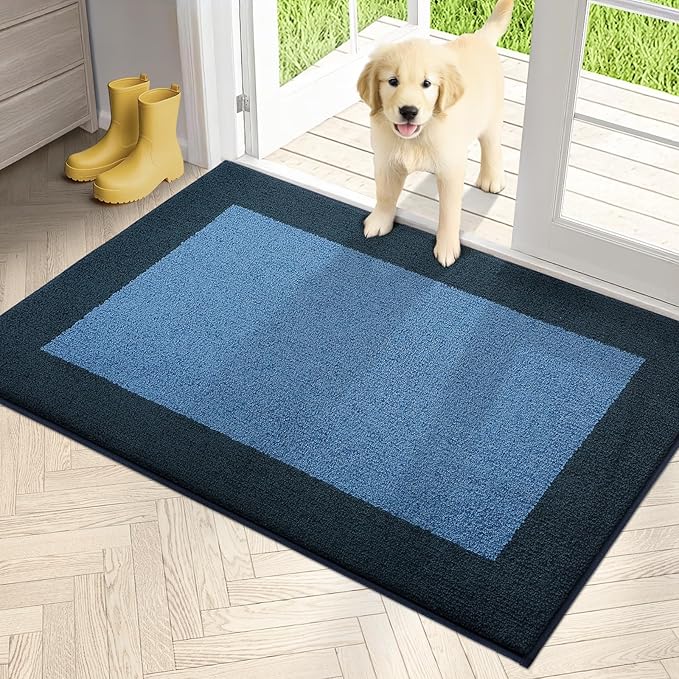 PURRUGS Dirt Trapping Door Mat 32" x 48", Non-Slip Machine Washable Entry Rug, Entrance Mat, Indoor Front Door Mat, Super Absorbent Entryway Rug for Muddy Shoes & Paws, Light Blue & Navy