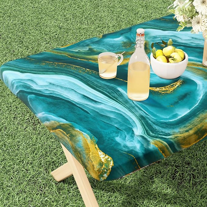 misaya Rectangle Vinyl Tablecloth, Fitted Table Cover, 100% Waterproof, Elastic Edge, Flannel Backing, Table Cloth Fit 8 Foot Folding Tables for Picnic, Outdoor (Ripples, 30x96 inch)