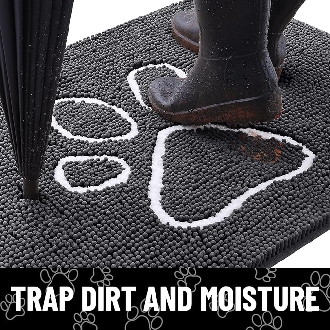 Smiry Dog Door Mat for Muddy Paws, Absorbent Dirt Trapper Non Slip Quick Dry Washable Chenille Mat for Mud Dogs, Entry Rug for Indoor and Outdoor (40x32 Inches, Dark Grey and White)