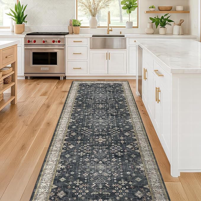 Black Boho Washable 2x6 Runner Rugs for Hallway Kitchen Bedroom Beside Laundry Room Bathroom Rug, Pet & Kids Friendly, Non Slip Low Pile Stain Resistant Soft Foldable Long 24 x 72 Floor Carpet
