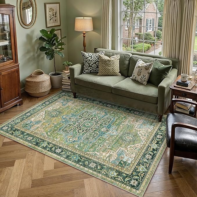 6x9 Washable Vintage Area Rug Green Oriental Living Room Bedroom Throw Rug Neutral Non Slip Soft Low Pile Carpet for Dining Room Office Nursery Indoor