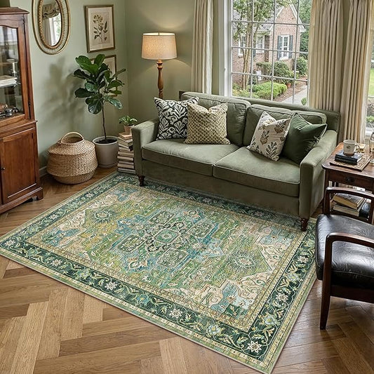 6x9 Washable Vintage Area Rug Green Oriental Living Room Bedroom Throw Rug Neutral Non Slip Soft Low Pile Carpet for Dining Room Office Nursery Indoor