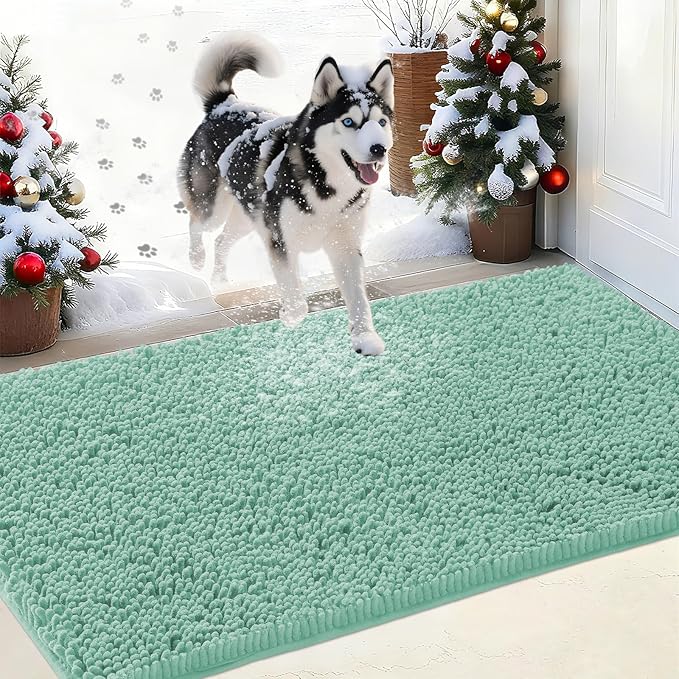 IM HOME Chenille Absorbent Outdoor Doormat 48" x 30", Washable Muddy Door Mats for Dog Non Slip Indoor Doormat Dog Mat for Muddy Paw Front Inside Doormats for Entryway Seafoam Green