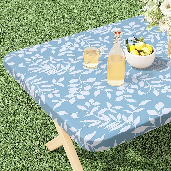 misaya Rectangle Vinyl Tablecloth, Fitted Table Cover, 100% Waterproof, Elastic Edge, Flannel Backing, Plastic Table Cloth Fit 6 Foot Folding Tables for Picnic, Camping (Blue Leaves, 30x72 inch)