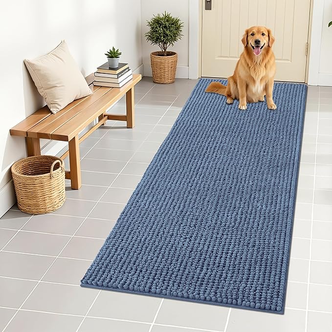 OLANLY Dog Door Mat for Muddy Paws 59x24, Ultra Absorbent Chenille Mud Doormat, Non-Slip Washable and Dirt Trapping Doormat for Indoor Entryway, Quick-Dry Indoor Pet Bed Mats for Dogs, Airy Blue
